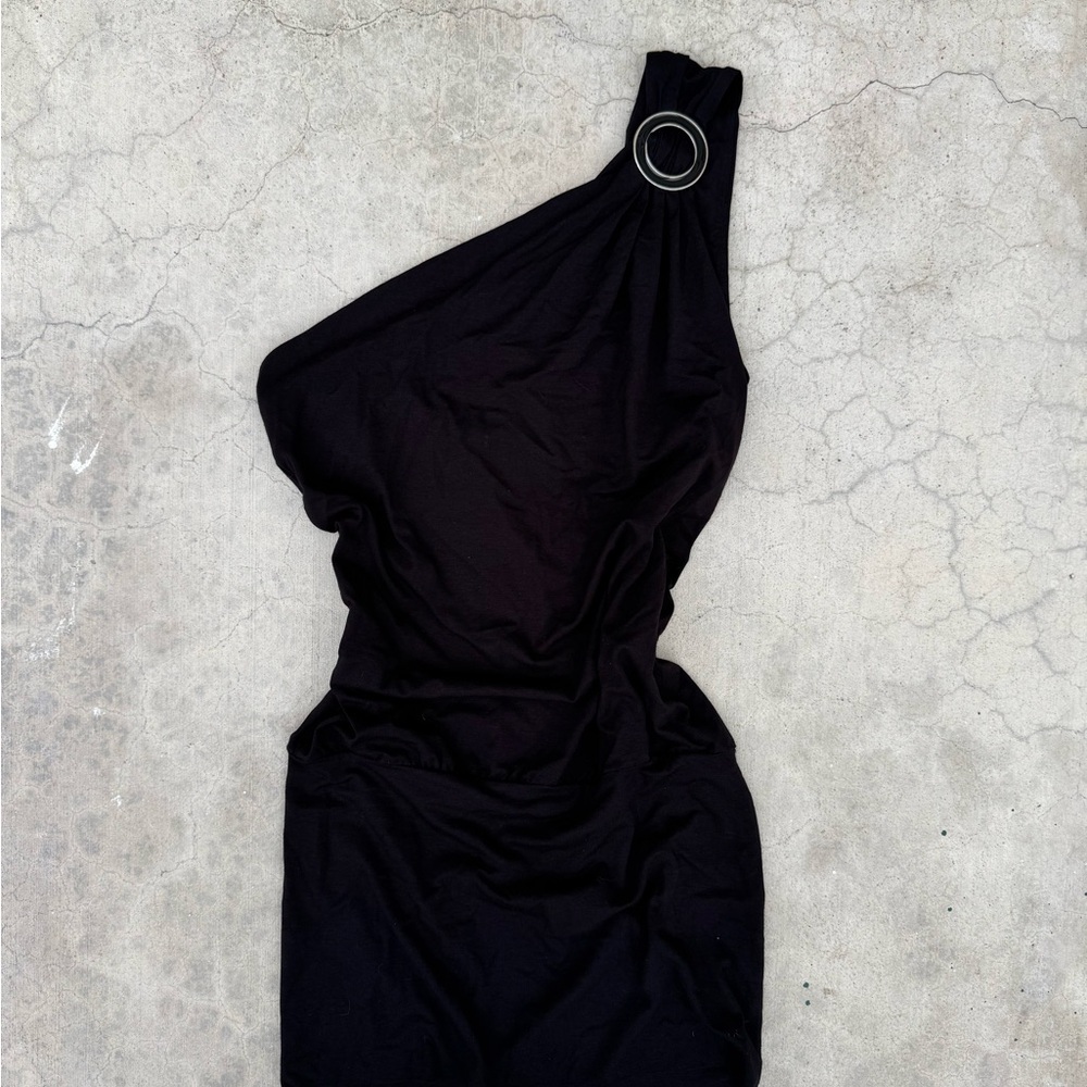Bebe Black Asymmetrical Ruched One Shoulder Dress